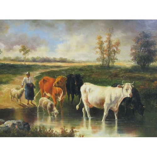 1233 - F PATO - PAIR, CATTLE CROSSING THE BROOK & CATTLE AT THE FARM POND, SIGNED OIL ON BOARD, FRAMED, EAC... 