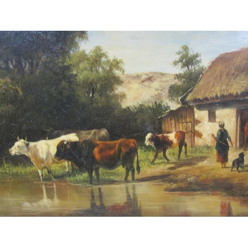 1233 - F PATO - PAIR, CATTLE CROSSING THE BROOK & CATTLE AT THE FARM POND, SIGNED OIL ON BOARD, FRAMED, EAC... 