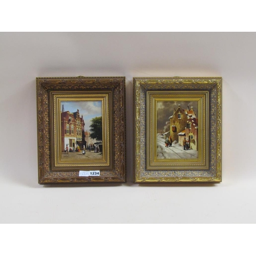 1234 - F BEEKHOUT - PAIR OF DUTCH STREET SCENES, EACH SIGNED, OIL ON BOARD, FRAMED, 18CM X 12CM