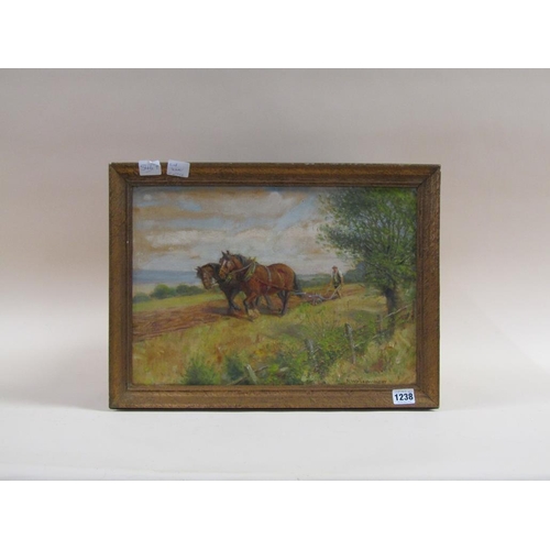 1238 - R WHEELWRIGHT - HORSE PLOUGHING, SIGNED OIL ON BOARD. FRAMED, 29CM X 41CM