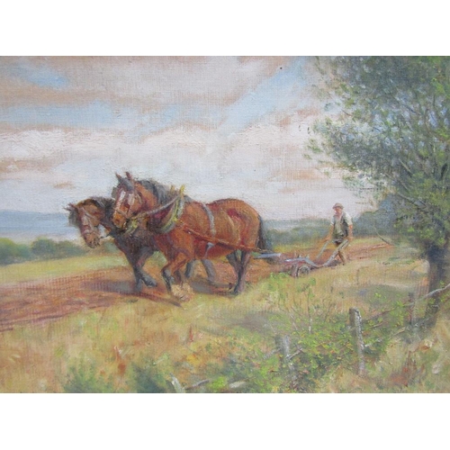 1238 - R WHEELWRIGHT - HORSE PLOUGHING, SIGNED OIL ON BOARD. FRAMED, 29CM X 41CM