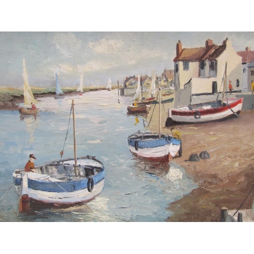 1239 - J TUCK - RIVER ESTUARY WITH QUAYSIDE AND BOATS, SIGNED OIL ON BOARD, FRAMED, 40CM X 60CM