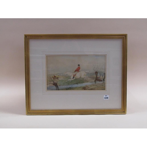 1248 - UNSIGNED 19c JUMPING THE BROOK, A HUNTING PICTURE F/G 22 x 37 cms