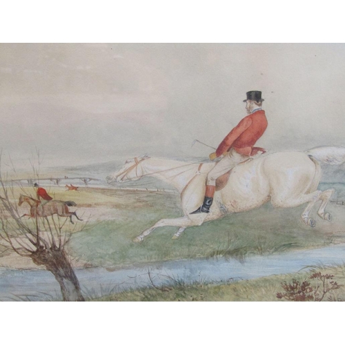 1248 - UNSIGNED 19c JUMPING THE BROOK, A HUNTING PICTURE F/G 22 x 37 cms