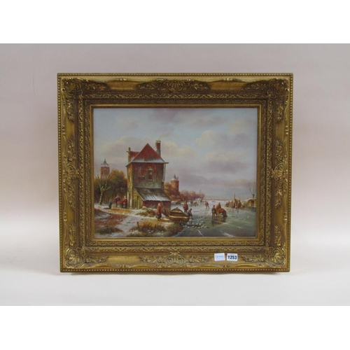 1253 - PC STEENHOUWER, A DUTCH WINTER SCAPE WITH FIGURES SKATING ON THE CANALS, SIGNED OIL ON BOARD FRAMED ... 