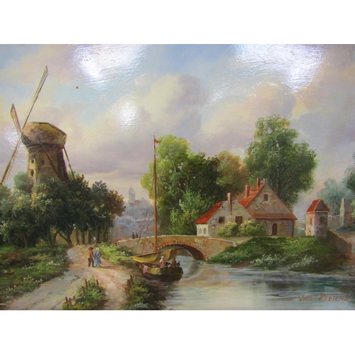 1254 - VAN PEETERS, PAIR OF DUTCH CANAL SCENES, SIGNED OIL ON BOARD FRAMED 19 x 24 cms