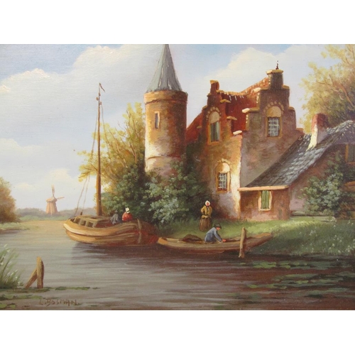 1257 - - BOSMAN, PAIR OF RIVERSCAPES WITH ADJOINING BUILDINGS, WINDMILLS AND FIGURES IN BOATS, SIGNED.  OIL... 