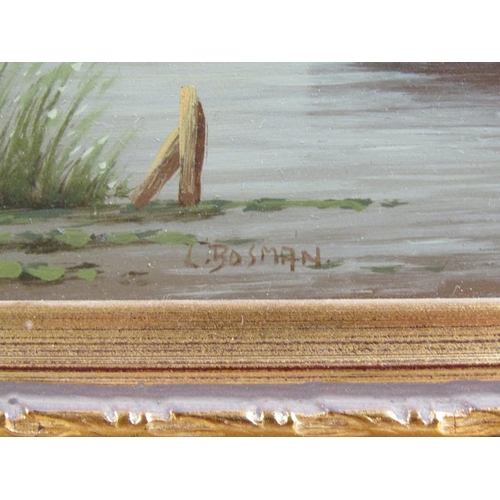 1257 - - BOSMAN, PAIR OF RIVERSCAPES WITH ADJOINING BUILDINGS, WINDMILLS AND FIGURES IN BOATS, SIGNED.  OIL... 