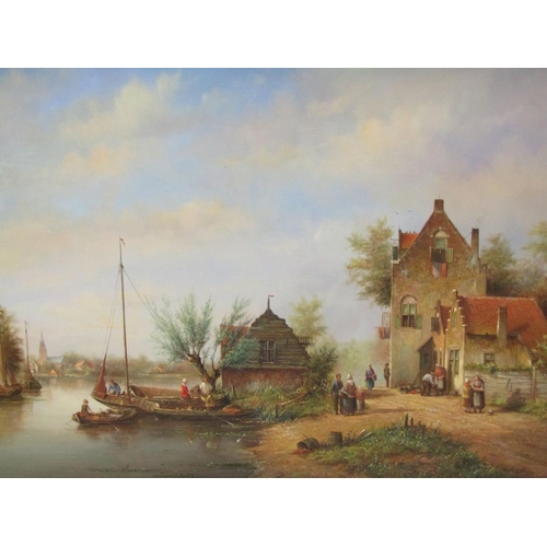 1259 - S A FEYARD, A DUTCH CANAL SCENE WITH MOORED FIGURES IN BOATS ADJOINING BUILDINGS AND DISTANT CHURCH,... 