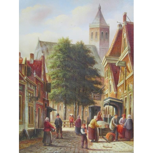 1261 - P C STEENHOUWER, 19c STREET SCENE, SIGNED OIL ON BOARD.  FRAMED 39 x 29 cms