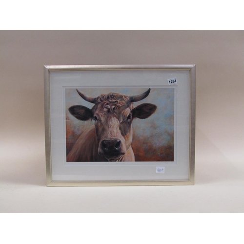 1264 - R ASLETT, THE FACE OF A COW, SIGNED COLOURED PRINT FRAMED 28 x 39 cms