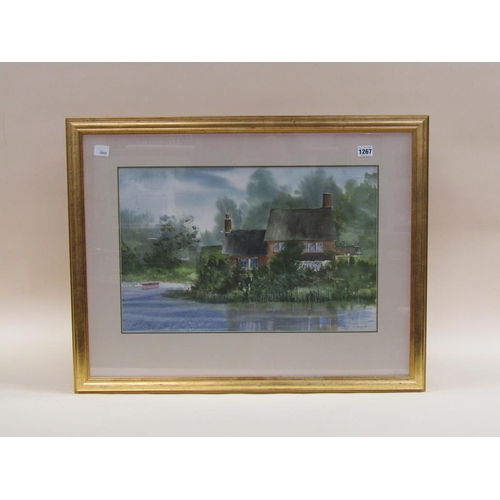 1267 - KATHERINE RUCUMLLO, COTTAGE BY A RIVER SIGNED WATERCOLOUR.  F/G 35 x 54 cms