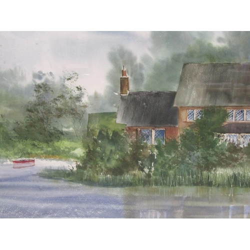 1267 - KATHERINE RUCUMLLO, COTTAGE BY A RIVER SIGNED WATERCOLOUR.  F/G 35 x 54 cms