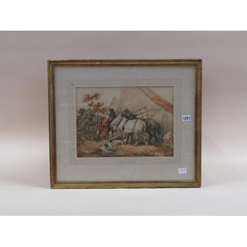 1271 - JOHN FREDERICK HERRING JR, THREE WORKING HORSES, SIGNED IN MONO.  WATERCOLOUR F/G 26 x 37 cms