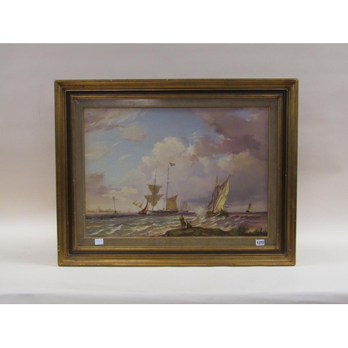 1272 - W DOMMELIS..(?) COASTAL SAILING VESSELS, SIGNED OIL ON CANVAS.  FRAMED 49 x 69 cms