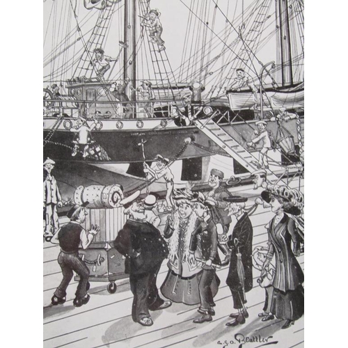 1273 - FRAMED SERIES OF BLACK AND WHITE PRINTED CARTOON SAILING SHIPS, EACH SIGNED 22 x 16 cms