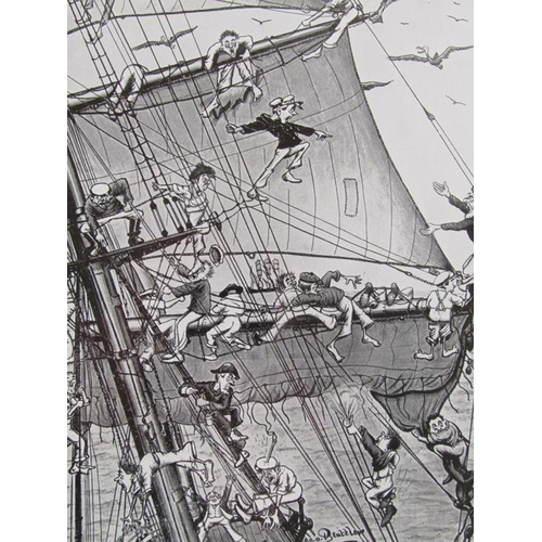 1273 - FRAMED SERIES OF BLACK AND WHITE PRINTED CARTOON SAILING SHIPS, EACH SIGNED 22 x 16 cms