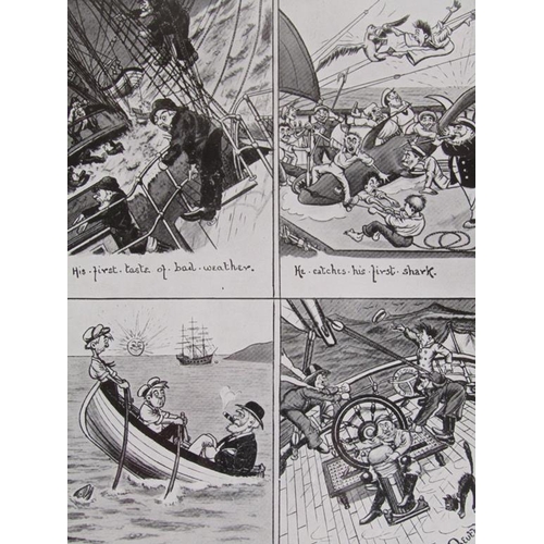 1273 - FRAMED SERIES OF BLACK AND WHITE PRINTED CARTOON SAILING SHIPS, EACH SIGNED 22 x 16 cms