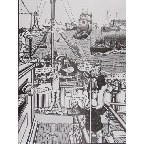 1273 - FRAMED SERIES OF BLACK AND WHITE PRINTED CARTOON SAILING SHIPS, EACH SIGNED 22 x 16 cms