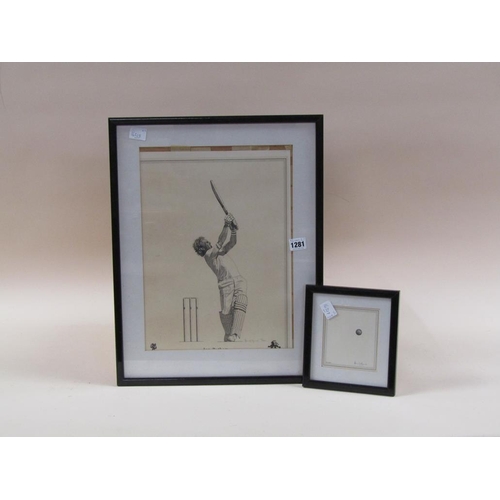 1281 - FRAMED BLACK ON WHITE ANDY BYRNE PRINT OF IAN BOTHAM 36CM X 27CM & CRICKET BALL, 12CM X 10CM