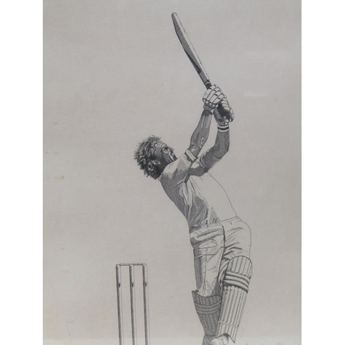 1281 - FRAMED BLACK ON WHITE ANDY BYRNE PRINT OF IAN BOTHAM 36CM X 27CM & CRICKET BALL, 12CM X 10CM