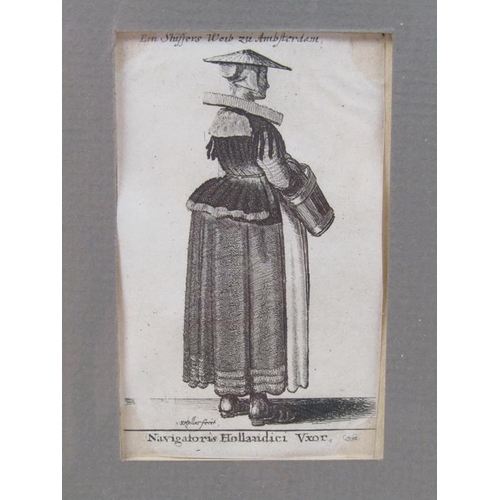 1284A - TWO 17C F/G BLACK ON WHITE PRINTS- LADIES IN COSTUME, EACH FRAMED, 9CM X 5.5CM