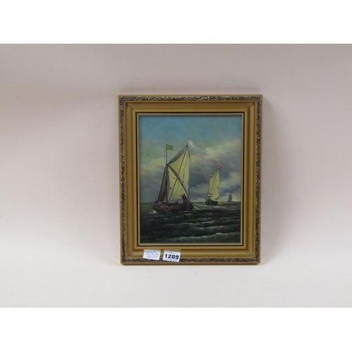 1289 - BREEDVELD - THREE SAILING VESSELS, SIGNED OIL ON BOARD, FRAMED, 24CM X 19CM