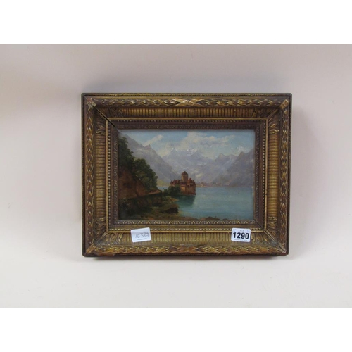 1290 - UNSIGNED 19C OIL ON BOARD - EUROPEAN LAKE, FRAMED, 15CM X 22CM