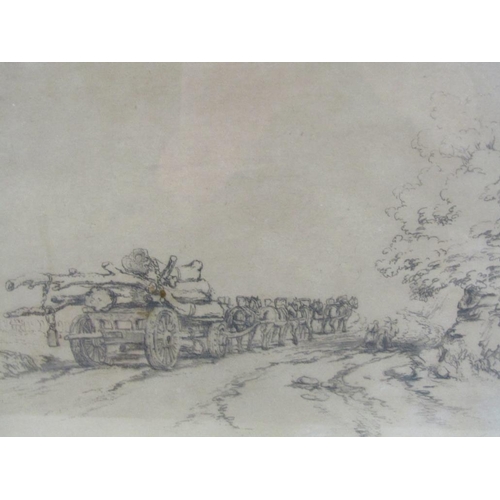 1292 - BLACK ON WHITE ETCHING AFTER G. MOORLAND, THE LOG WAGON, F/G, 16CM X 23CM