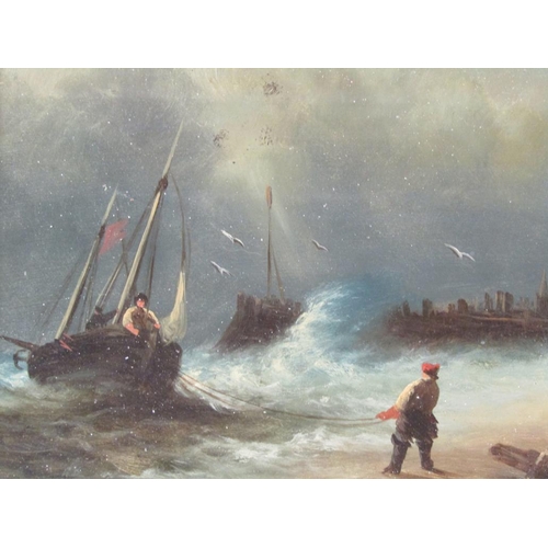 1294 - UNSIGNED 19C - BEACHING A SAILING BOAT IN ROUGH WEATHER, OIL ON BOARD, F/G, 14CM X 19CM