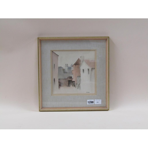 1298 - JAN GODMAN - TOWN BACKYARD, SIGNED WATERCOLOUR, F/G, 20CM X 20CM