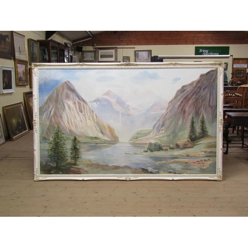 1303 - VERY LARGE UNSIGNED - MOUNTAINOUS LANDSCAPE, FRAMED, 133CM X 223CM