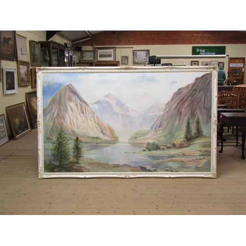 1303 - VERY LARGE UNSIGNED - MOUNTAINOUS LANDSCAPE, FRAMED, 133CM X 223CM