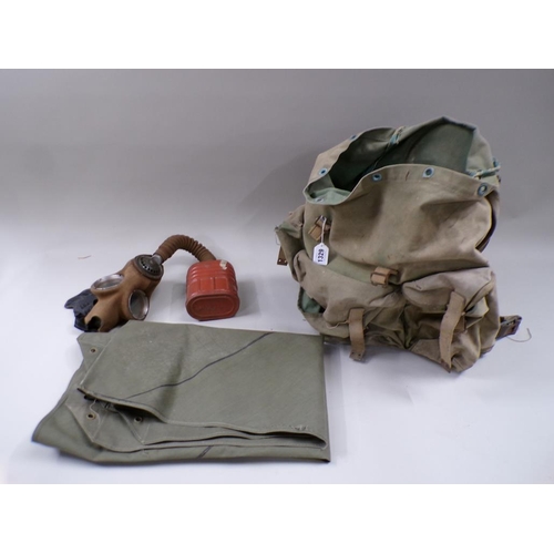 1329 - WORLD WAR II KNAPSACK, GROUND SHEET, GAS MASK