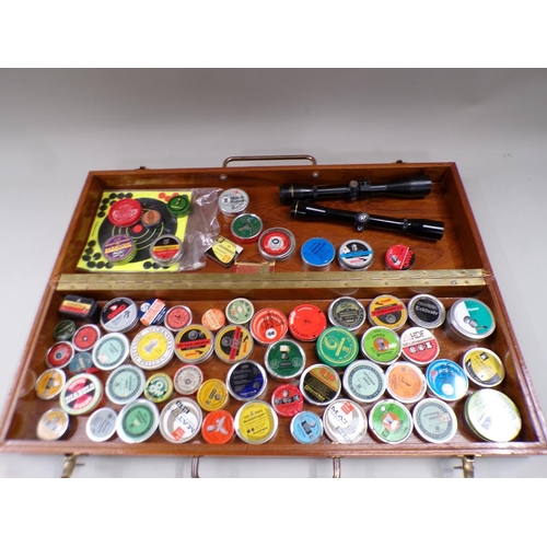 1340 - MAHOGANY BOX OF AIR GUN PELLETS INC. TWO TELESCOPIC SIGHTS