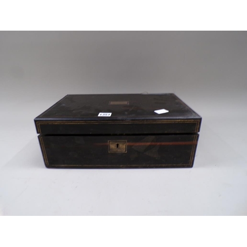 1351 - MID 19c WRITING BOX WITH SLOPE HAVING BRASS RAIL INLAY AND MOTIF