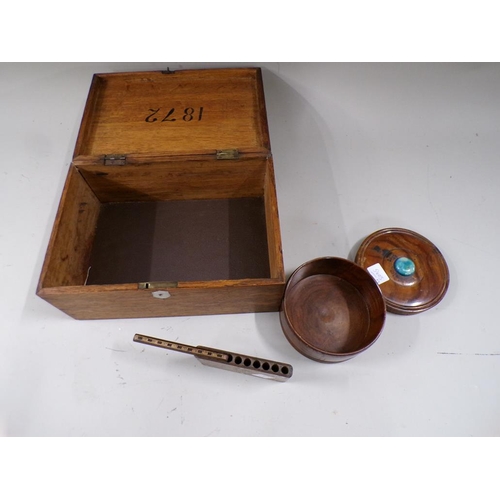 1400 - VICTORIAN OAK BOX, CIRCULAR BOX WITH RUSKIN FINIAL, INLAID OAK BOX, 32CM W