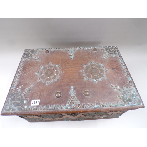 1361 - ORIENTAL HARDWOOD TWO HANDLED BOX WITH STUDDED BRASS DECORATION - 55cms