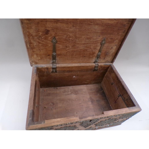 1361 - ORIENTAL HARDWOOD TWO HANDLED BOX WITH STUDDED BRASS DECORATION - 55cms