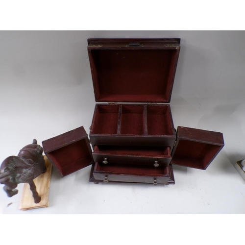 1364 - COLLECTION OF MISC. INC. STAINED WOODEN TRAVEL BOX TOGETHER WITH CERAMIC ELEPHANT FIGURE, LACQUERED ... 