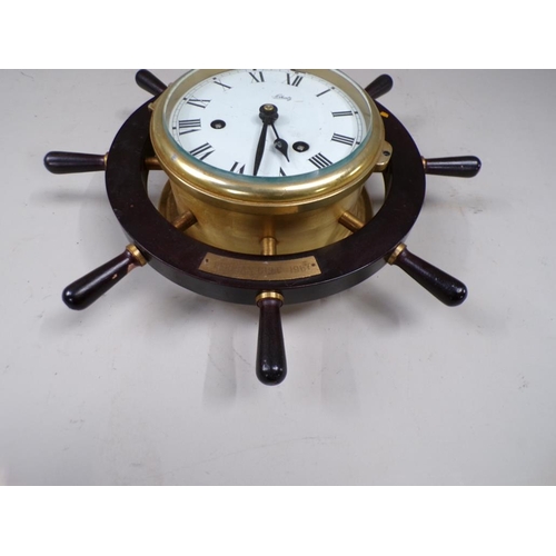 1372 - SCHATZ SHIPS CLOCK IN A SHIPS WHEEL FRAME WITH PLAQUE PERSIAN GULF 1967 - 32Cms