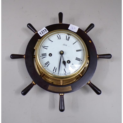 1372 - SCHATZ SHIPS CLOCK IN A SHIPS WHEEL FRAME WITH PLAQUE PERSIAN GULF 1967 - 32Cms