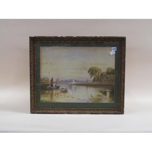 1245 - UNSIGNED LATE 19C - RIVERSCAPE WITH FIGURES IN BOAT, WATERCOLOUR, F/G, 37CM X 50CM