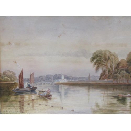 1245 - UNSIGNED LATE 19C - RIVERSCAPE WITH FIGURES IN BOAT, WATERCOLOUR, F/G, 37CM X 50CM