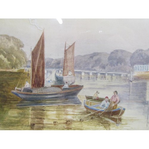 1245 - UNSIGNED LATE 19C - RIVERSCAPE WITH FIGURES IN BOAT, WATERCOLOUR, F/G, 37CM X 50CM