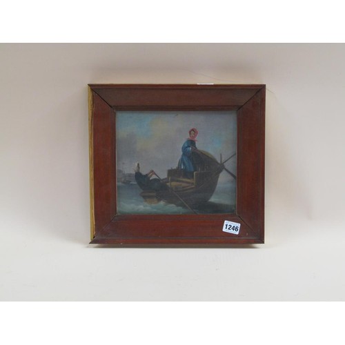 1246 - UNSIGNED 19C - TWO LADIES IN A ROWING BOAT, WATERCOLOUR ON BOARD, F/G, 20CM X 23CM