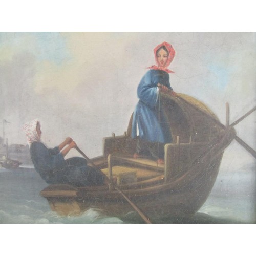 1246 - UNSIGNED 19C - TWO LADIES IN A ROWING BOAT, WATERCOLOUR ON BOARD, F/G, 20CM X 23CM