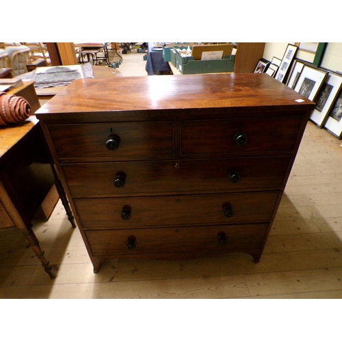 1989 - 19c FIGURED MAHOGANY CHEST OF TWO SHORT/THREE LONG DRAWERS ON SPLAYED BRACKET FEET 106 x 106 cms