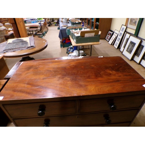 1989 - 19c FIGURED MAHOGANY CHEST OF TWO SHORT/THREE LONG DRAWERS ON SPLAYED BRACKET FEET 106 x 106 cms