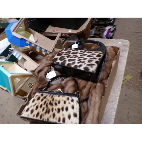 235 - BOX OF FUR AND HANDBAGS